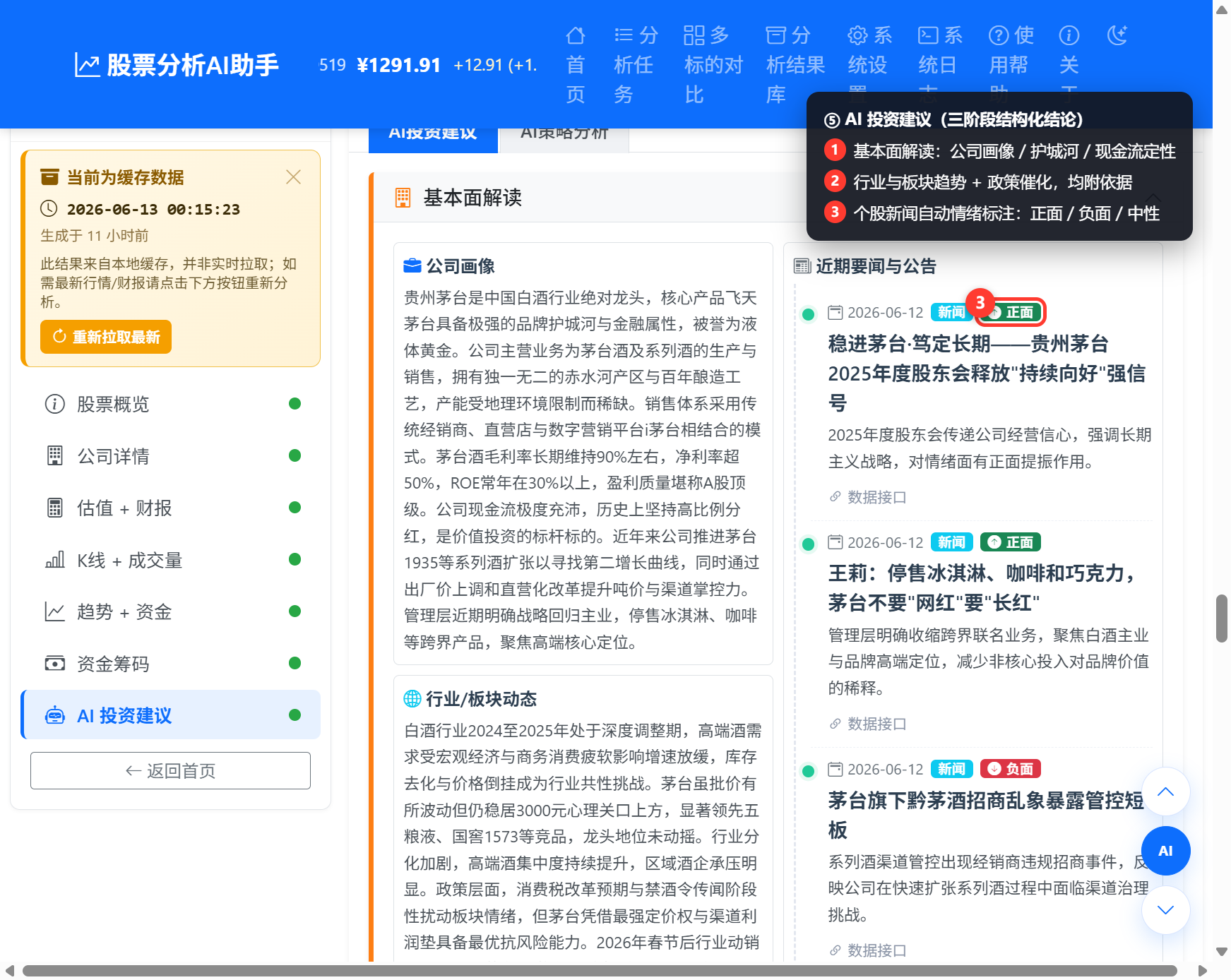 AI 投资建议页截图：公司画像、板块动态、新闻情绪标签标注