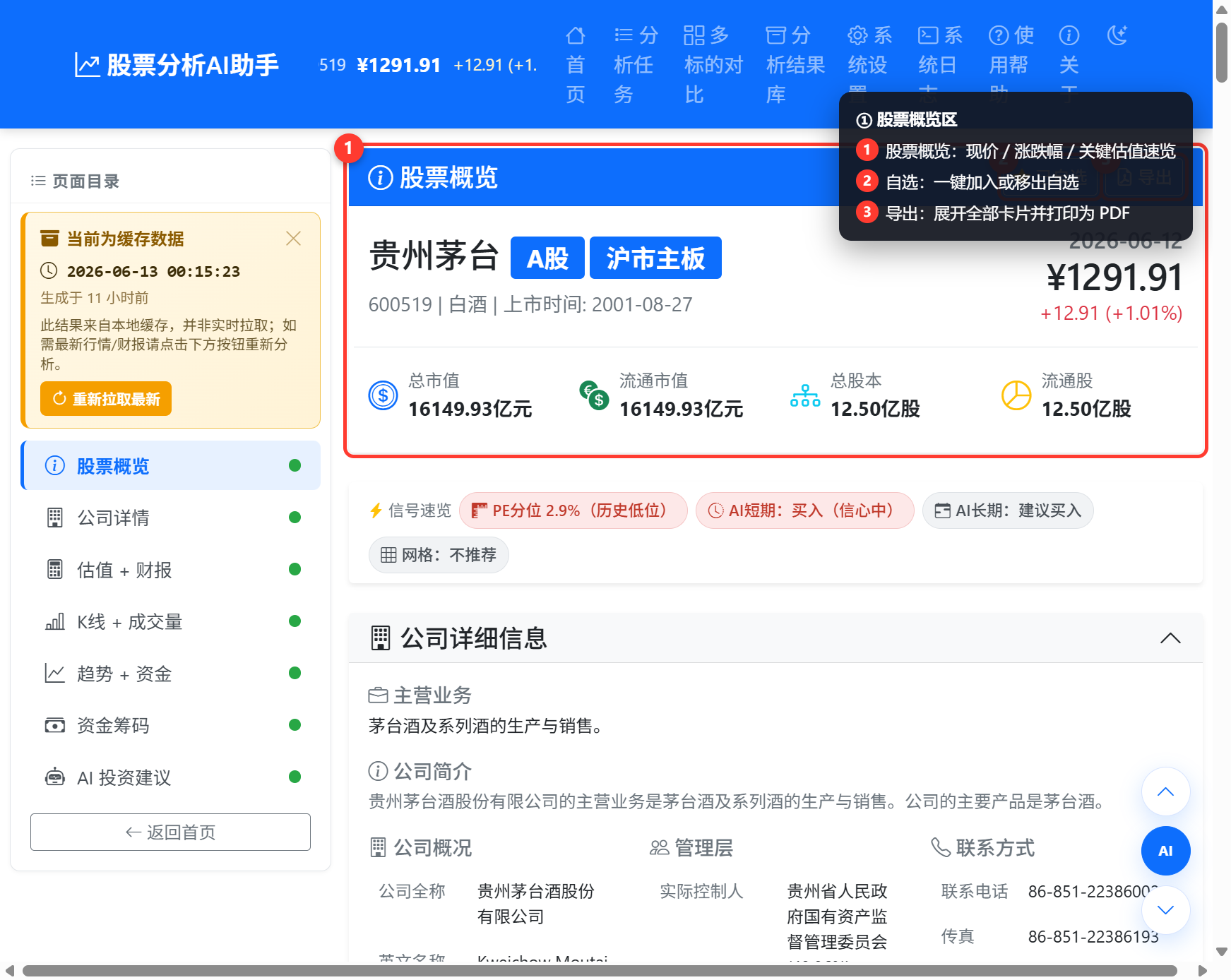 股票概览页截图：概览卡、加自选、导出按钮标注